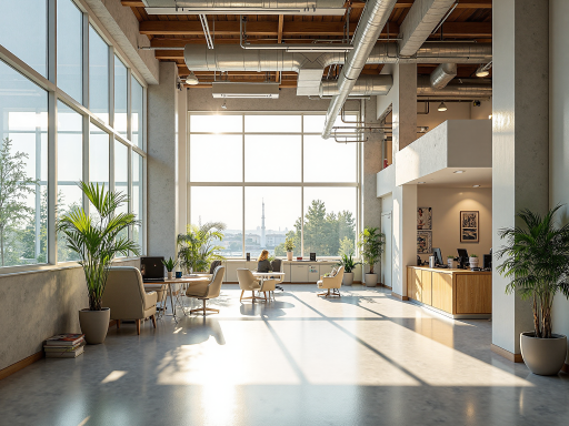 现代化开放式办公空间，明亮整洁，员工正在工作，舒适的办公桌椅，绿植装饰